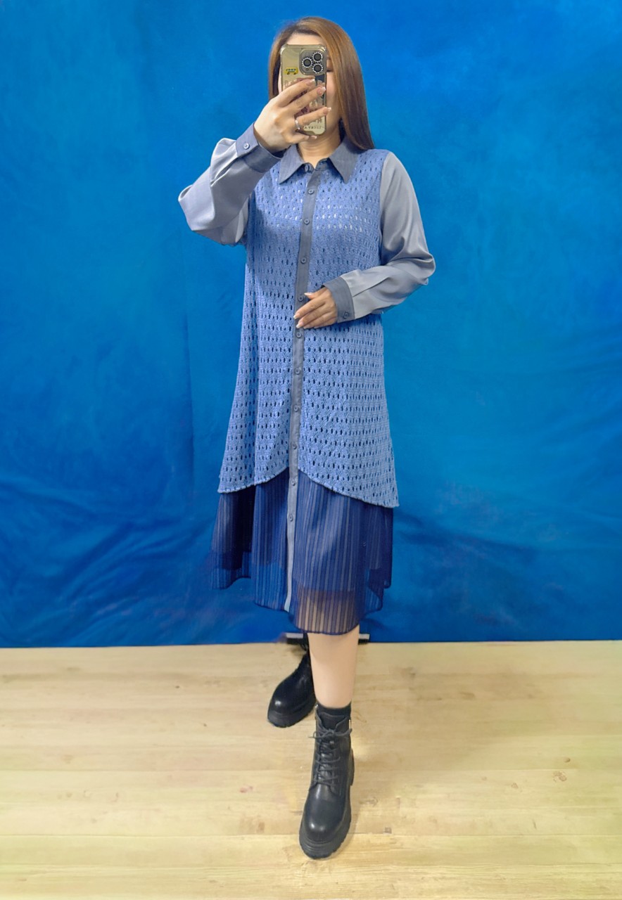 BS558 灰藍色 2件套 條子網布拼條子網布 ＋ 織花格拼條子網布裙